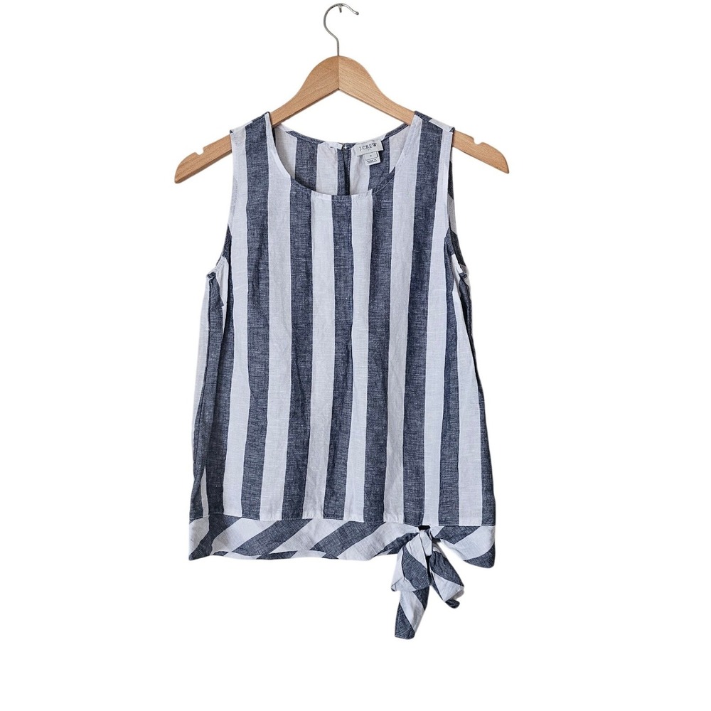 J.Crew Sz 0 Linen Blend Blue White Stripe Side Tie Tank Top Coastal Nautical
